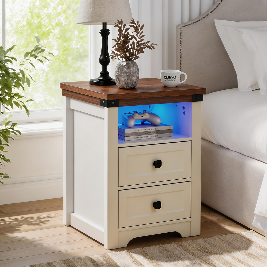 Farmhouse Side Table with Charging Station, Antique Nightstands with Drawers, Bedside Table with Open Shelf for Bedroom, White