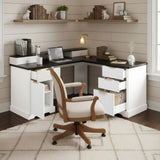 59" Modern Fluted L-Shaped Desk with Charging Station & Storage Cabinet - Home Office Computer Desk with Monitor Stand, File Drawer and Removable Support Shelf for Study, Home Office, White