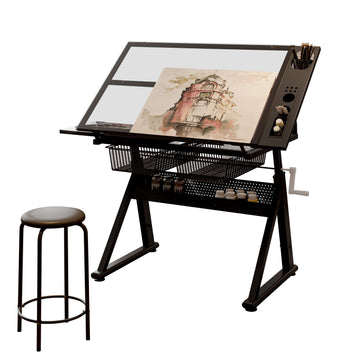 Hand crank adjustable tempered glass drafting drawing and printing table with chair and storage space for living room, study, bedroom