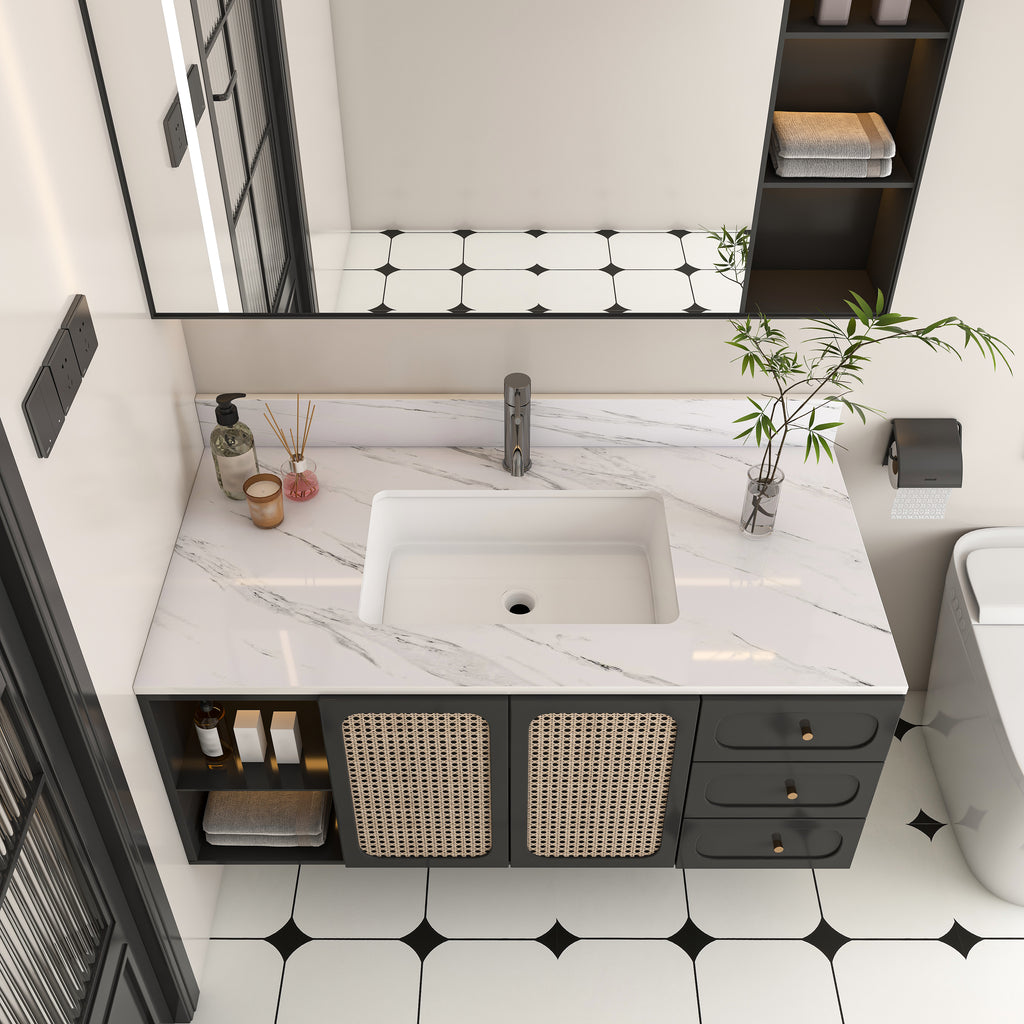 43 Inch Marble Vanity Top, White Vanity Top with 1 Pre-drilled Faucet Holes, Bathroom Vanity Top with Undermount Rectangular Middle Sink and 4" Height Backsplash,  Bianco Carrara Venato