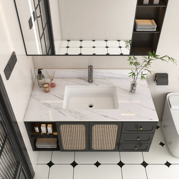 43 Inch Marble Vanity Top, White Vanity Top with 1 Pre-drilled Faucet Holes, Bathroom Vanity Top with Undermount Rectangular Middle Sink and 4