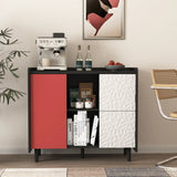 Sideboard Buffet Cabinet, Black Storage Cabinet with Red Doors , 2 Drawers with unique panel styling and 2 Open Storage Compartment, Modern Coffee Bar Cabinet Accent Cabinet for Kitchen, Dining Room,