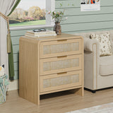 Rattan 3 Drawers Nightstand set of 2,  22.8" Wide Curved Wooden Bedside Table, Modern Storage for Bedroom, Natural Oak.