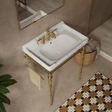 VICI 28" Bathroom Console Sink, Wall-Mounted White Ceramic Vanity Basin with 3 Pre-drilled Faucet Holes, Freestanding Stainless Steel Support Legs with Towel Bar, No Faucet & Sink Cover, Gold Color