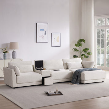 [VIDEO]124'' L-Shaped Sectional Sofa with Multi-Functional Storage Console, Wired&Wireless Charger, Movable Ottoman, Wider&Thicker Cushion, Free Combination for Living Room&Apartment, Chenille