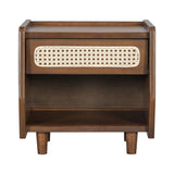 Walnut Nightstand with Rattan Detail, MDF + Solid Wood, Modern Bedroom Storage, Open Shelf & Drawer, Indoor Furniture
