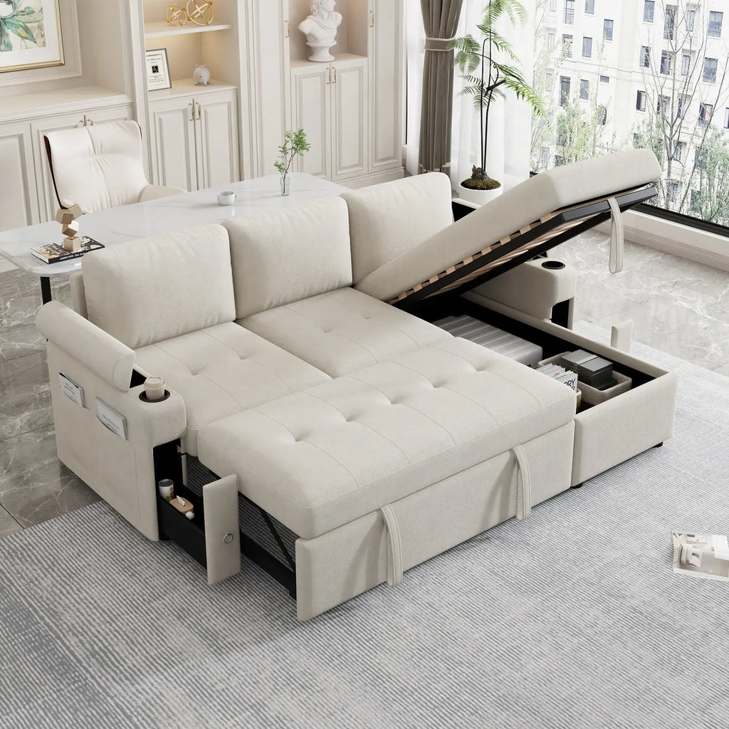 83.5" L-shaped Sofa Couch Convertible Sofa Bed Sectional Sofa with Ample Storage Space, Two Cup Holders and Two USB Ports for Living Room, Beige