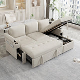 83.5" L-shaped Sofa Couch Convertible Sofa Bed Sectional Sofa with Ample Storage Space, Two Cup Holders and Two USB Ports for Living Room, Beige
