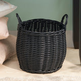Lucius Round Resin Woven Wicker Basket with Handles - 13" x 13" x 10.2" - Black - For Clothes, Towels, Toys, Magazines Storage and Home Decoration