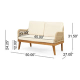 Outdoor 4-Piece Acacia Wood Chat Set with Rope, 1 loveseat and 2 club chairs Acacia Wood Conversation Sofa and 1 Table Set with Water Resistant Cushions, Teak Finished for Outdoor