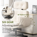 Criss Cross Chair with Adjustable Armrests & Wheels & Headrest, PU Lounge Vanity Desk Chair with Wide Seat for Cross-Legged Sitting, Swivel Task Office Chairs for Home, Makeup, Gaming, Office, Beige