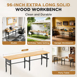 96" Adjustable Workbench with Side Pegboard, Solid Wood Top, 2000 lbs Capacity, Adjustable Height Garage Work Table with Power Outlet, Storage Box, Wheels or Leveling Feet