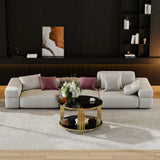 Modern Black Mirror Coffee Table, Asymmetrical Metal, Circular Metal Drum Base, Gold Finish & Lower Shelf