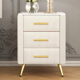 Upholstered Wooden Nightstand with 3 Drawers and Metal Legs&Handles, Bedside Table with Marbling Stickers Worktop - Beige
