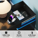 Nightstand with Built-In Charging Station and LED Lighting, 3-Drawer Sliding-Top Modern Bedside Table, Black Wooden End Table