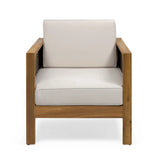 Outdoor Acacia Wood Club Chair with Wicker Accents, Teak Finish + Mixed Brown + Beige, 30.25"D x 27.5"W x 23.75"H