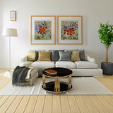 Modern Black Mirror Coffee Table, Asymmetrical Metal, Circular Metal Drum Base, Gold Finish & Lower Shelf