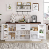 63" Farmhouse Barn Door Storage Cabinet with 2 Drawers & Door Rack, Large Buffet Table Coffee Bar Cabinets with Adjustable Shelves for Kitchen, Living Room, Entryway, Dining Room, White