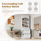 [Assembly Video Provided] TOPMAX Modern 83.7inch High Kitchen Pantry, Freestanding Tall Kitchen Hutch with Faux Marble Top, Display Cupboard Cabinet with 5 Storage Drawers and Adjustable Shelf, White