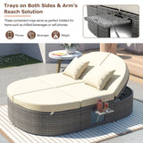 TOPMAX Outdoor Sun Bed Patio 2-Person Daybed with Cushions and Pillows, Rattan Garden Reclining Chaise Lounge with Adjustable Backrests and Foldable Cup Trays for Lawn, Poolside, Beige