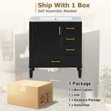 Traditional 30" Black Bathroom Vanity Set, Floor Standing, with Three Drawers, Soft Close Doors, with Long Gold Metal Handles - Perfect for Small Bathrooms