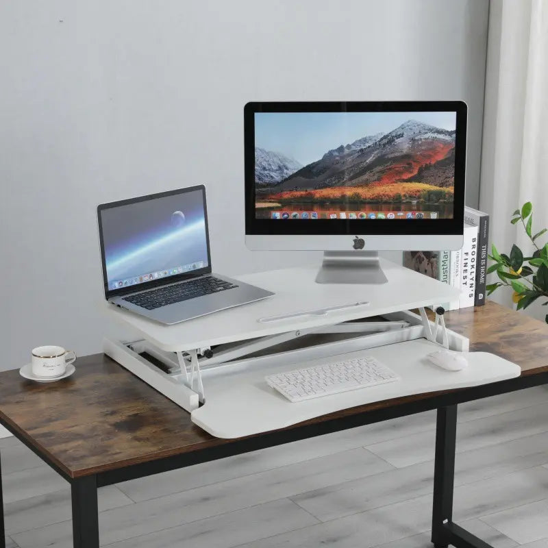 32 Inch Desk Converter, Height Adjustable Sit to Stand Riser, Dual Monitor and Laptop Workstation with Wide Keyboard Tray, Standing Computer Desk, WHITE