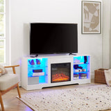 TV Stand Electric Fireplace TV Stand with Glass Shelves, 3D Fireplace TV Stand with LED Lights Wood with USB Charging Outlet Modern Television Table Center for TV up to 32-62" White 58''W*15.4''D*24.6