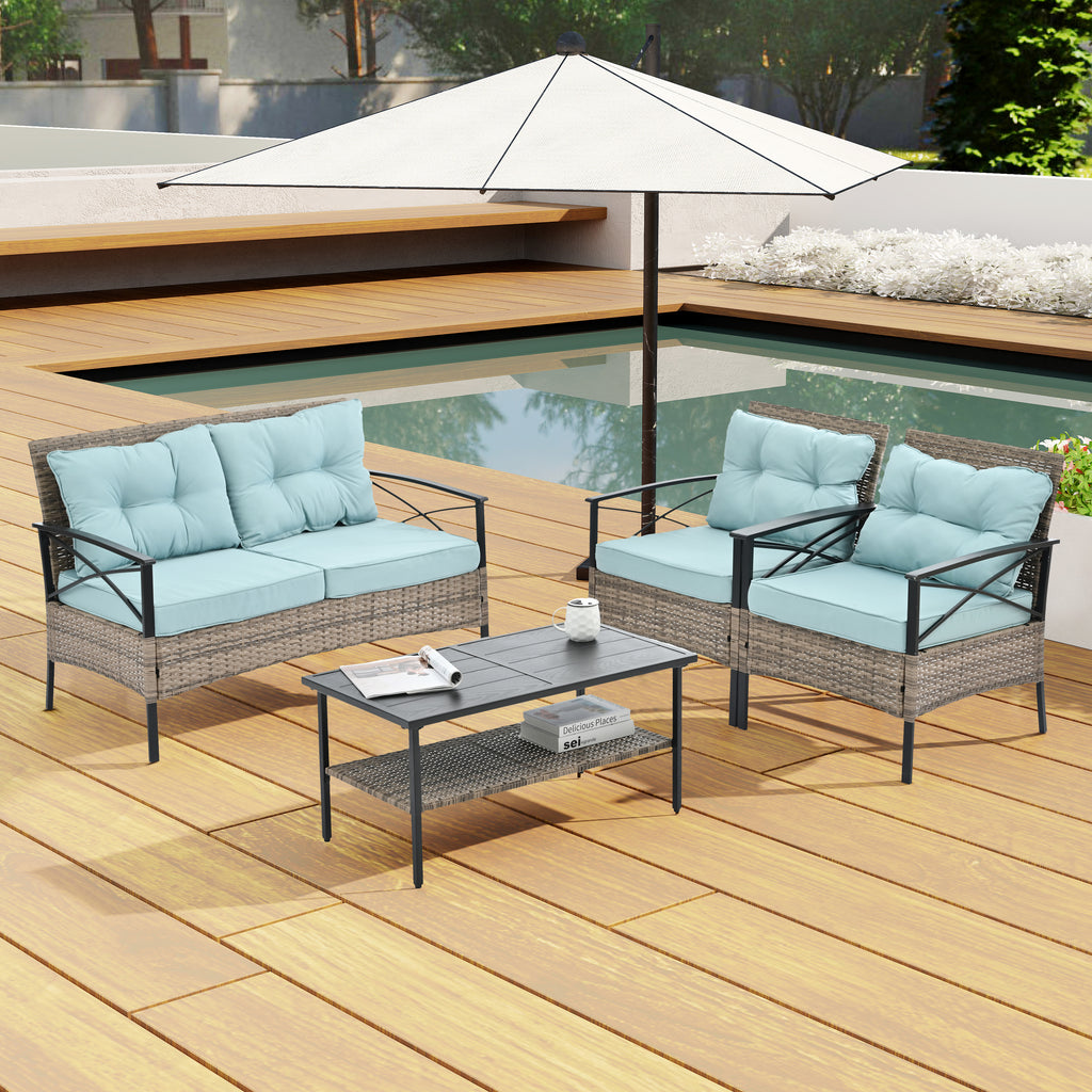 Patio Furniture, Outdoor Furniture, Seasonal PE Wicker Furniture, Four Set Wicker Furniture With Black Metal Table