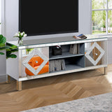 Mirrored TV Stand for 65+ inch TV,Sliver TV Console Table with Open Storage & 2 Storage Cabinets ,Diamond Shape Sparkling Mirror Doors for Living Room(59''W x 25.2''H x 15.7D)