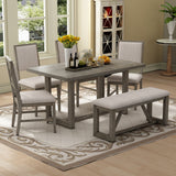 TREXM 6-Piece Retro Dining Table Set for 6, 60" Wood Kitchen Table and Chairs Set of 4 with Bench Designed Trestle Base for kitchen & Dining Room (Gray)