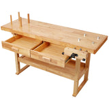 60" Professional Rubberwood Solid Wood Workbench-2 Drawers, Open Shelf, Natural Finish for Garage, Woodworking Carpenter Workshop & Home Use