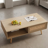 41.34" Rattan Coffee table, sliding door for storage, solid wood legs, Modern table  for living room , natural