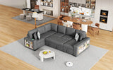 109" U-shaped Sectional Sofa Pull-out Sofa Bed with Two USB Ports, a Storage Chaise Lounge and Four Back Pillows for Living Room, Grey