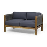 Patio Loveseat and Coffee Table Set, Patio Furniture Set with Cushion, Acacia Wood Frame Conversation Set for Garden, Backyard, Porch and Poolside, Minimalistic Style