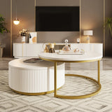 Modern Round Nesting Coffee Table Fluted with Drawer in Black & Gold in 31.5''