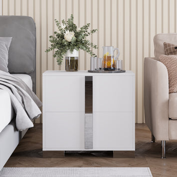 Modern End Table with Drawers, Elegant Nightstand with Metal Foot,Wood Bedside Table with Mirrored Metal Handles,Sofa Side End Table for Bedroom Living Room Office,White