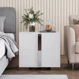Modern End Table with Drawers, Elegant Nightstand with Metal Foot,Wood Bedside Table with Mirrored Metal Handles,Sofa Side End Table for Bedroom Living Room Office,White
