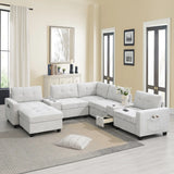 104'' Sectional Sofa with Acrylic Table Top,Chenille U Shaped Couch Set with 2 Consoles,USB Charger,Storage Drawers and Pockets,Movable Ottoman,Tufted Sofa for Living Room,Apartment,2 Colors