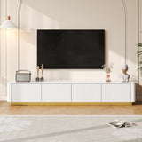 ON-TREND Luxury Fluted TV Stand for TVs Up to 85", Faux Marble Tabletop Media Console with 4 Drawers, Curved Profile Design, Modern Entertainment Center with Gold Base for Living Room, Black