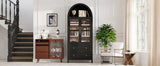 K&K 71" Tall Arched Kitchen Pantry Cabinet with 2 Large Drawers, Modern Farmhouse Kitchen Storage Cabinets with Adjustable Shelves, Glass Door, Wood Versatile Cupboard for Kitchens, Dining Room, Black