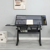 Drafting Table, 0-75° Adjustable Glass Top Artist Table  - Height Adjustable Drafting Desk with Large Storage for Painting & Crafting - Ideal for Designers and Art Students (black)