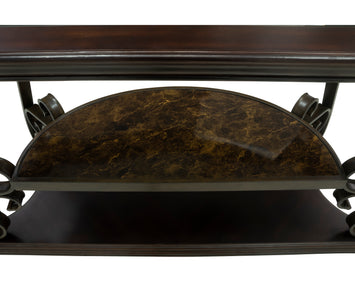 Sofa Table, Glass table top, MDF W/marble paper middle shelf, powder coat finish metal legs. (54