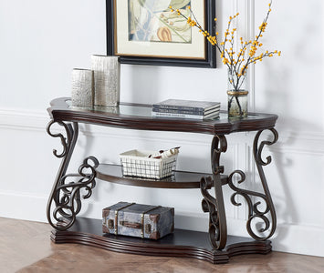 Sofa Table, Glass table top, MDF W/marble paper middle shelf, powder coat finish metal legs. (54