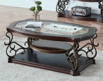 Cocktail Table, Glass table top, MDF W/marble paper middle shelf, powder coat finish metal legs. (52