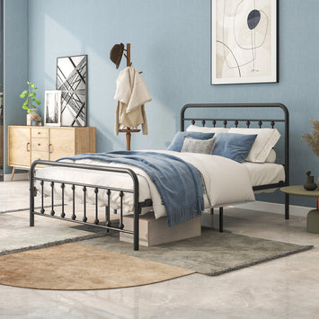 Metal Platform Bed Frame, Victorian Style Headboard/Footboard/Under Bed Storage/No Box Spring Needed/Full Size Black