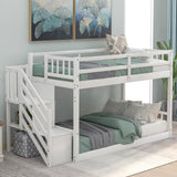 Twin over Twin Floor Bunk Bed, Ladder with Storage, Gray