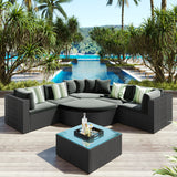 GO 7-piece Outdoor Wicker Sofa Set, Rattan Sofa Lounger, With  Colorful Pillows, Conversation Sofa, For Patio, Garden, Deck, Brown Wicker