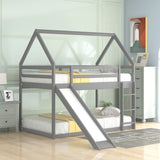 Twin over Twin Low Bunk Bed, House Bed with Ladder , Gray(OLD SKU:WF197808AAE)