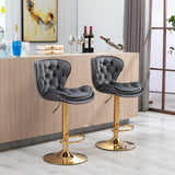 Set of 2  Bar Stools,with Chrome Footrest and Base Swivel Height Adjustable Mechanical Lifting Velvet + Golden Leg Simple Bar Stool-Green