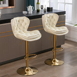 Set of 2  Bar Stools,with Chrome Footrest and Base Swivel Height Adjustable Mechanical Lifting Velvet + Golden Leg Simple Bar Stool-Green